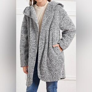 SHEIN Girls Slant Pocket Drop Shoulder Open Front Hooded Teddy Coat, 9Y, NWOT
